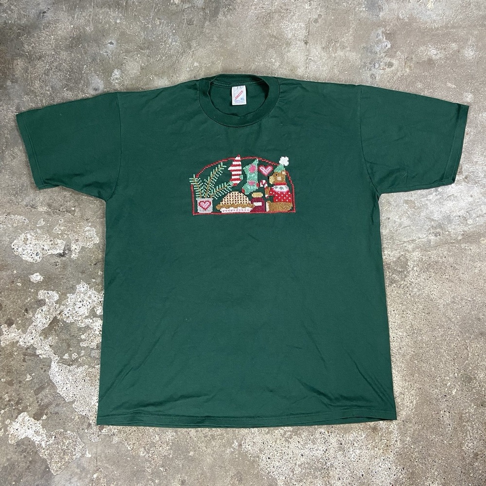 Vintage 90s Jerzees Christmas T-Shirt Size XL Green Embroidered Teddy Bear
